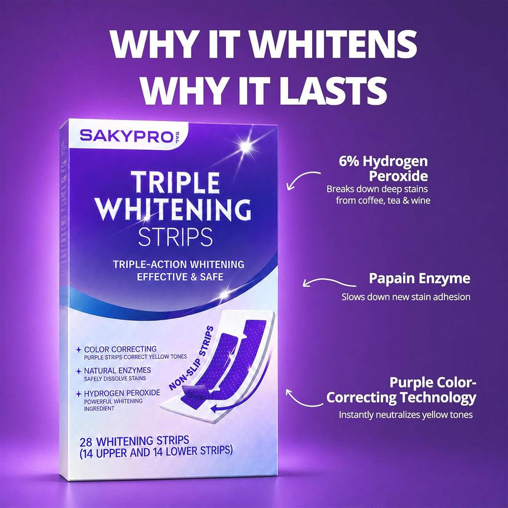 SAKYPRORAL Whitening Strips, Long-Lasting Results, Enamel Safe & Low-Sensitivity, Purple Tooth whitening, Professional Teeth Whitening Strips with Non-Slip Dry Strip Technology, 14 Count (Pack of 1)