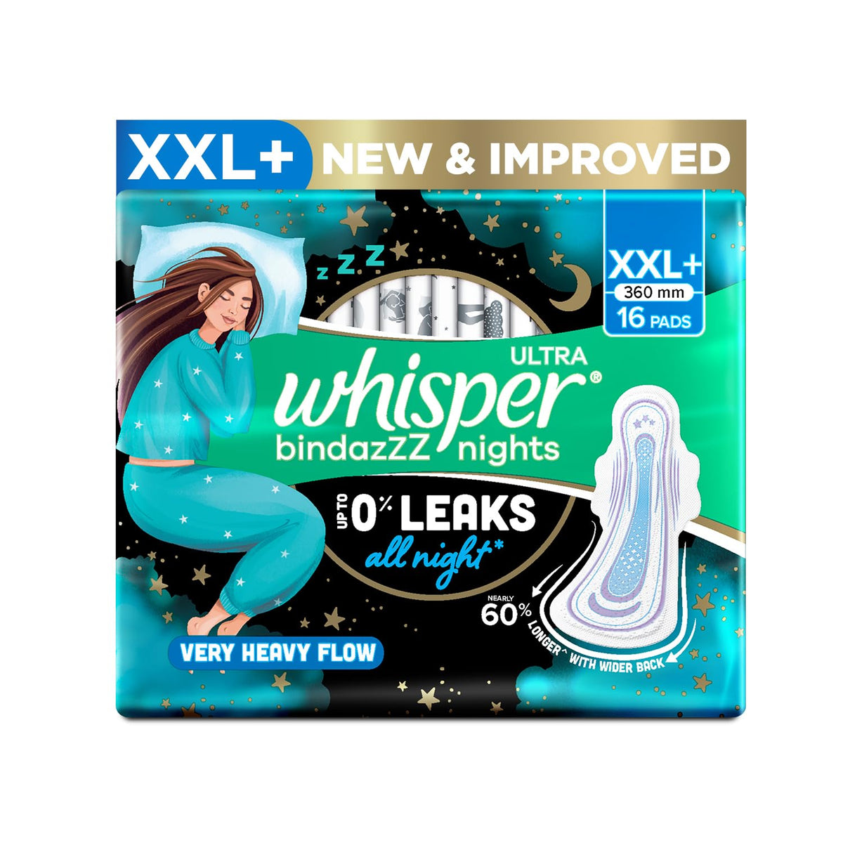 Whisper Bindazzz Nights 16 XXL+ Sanitary Pads, Upto 0% Leaks All Night Long, For Very Heavy Flow, Nearly 60% Longer with Wider Back, Active odor lock so you feel fresh, Disposable Wrapper