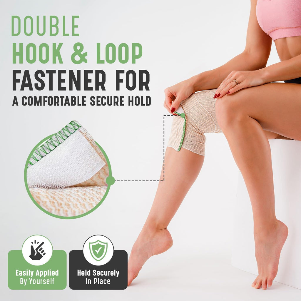 Premium Elastic Bandage Wrap (6" 4 Pack) - Hook & Loop Fasteners at Both Ends - Latex Free Hypoallergenic Compression Roll - Reusable Bandages for Waist, Legs, Elbow & Knee Wrap
