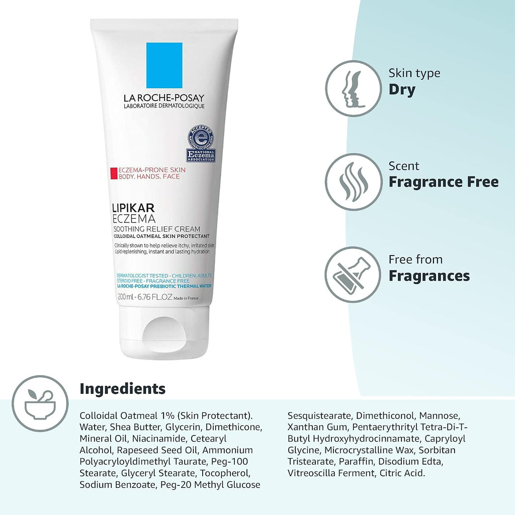 La Roche-Posay Lipikar Soothing Relief Eczema Cream, Sensitive Skin 6.8oz | Face & body lotion for eczema, dry, sensitive skin with colloidal oatmeal. Soothes and relieves irritation.
