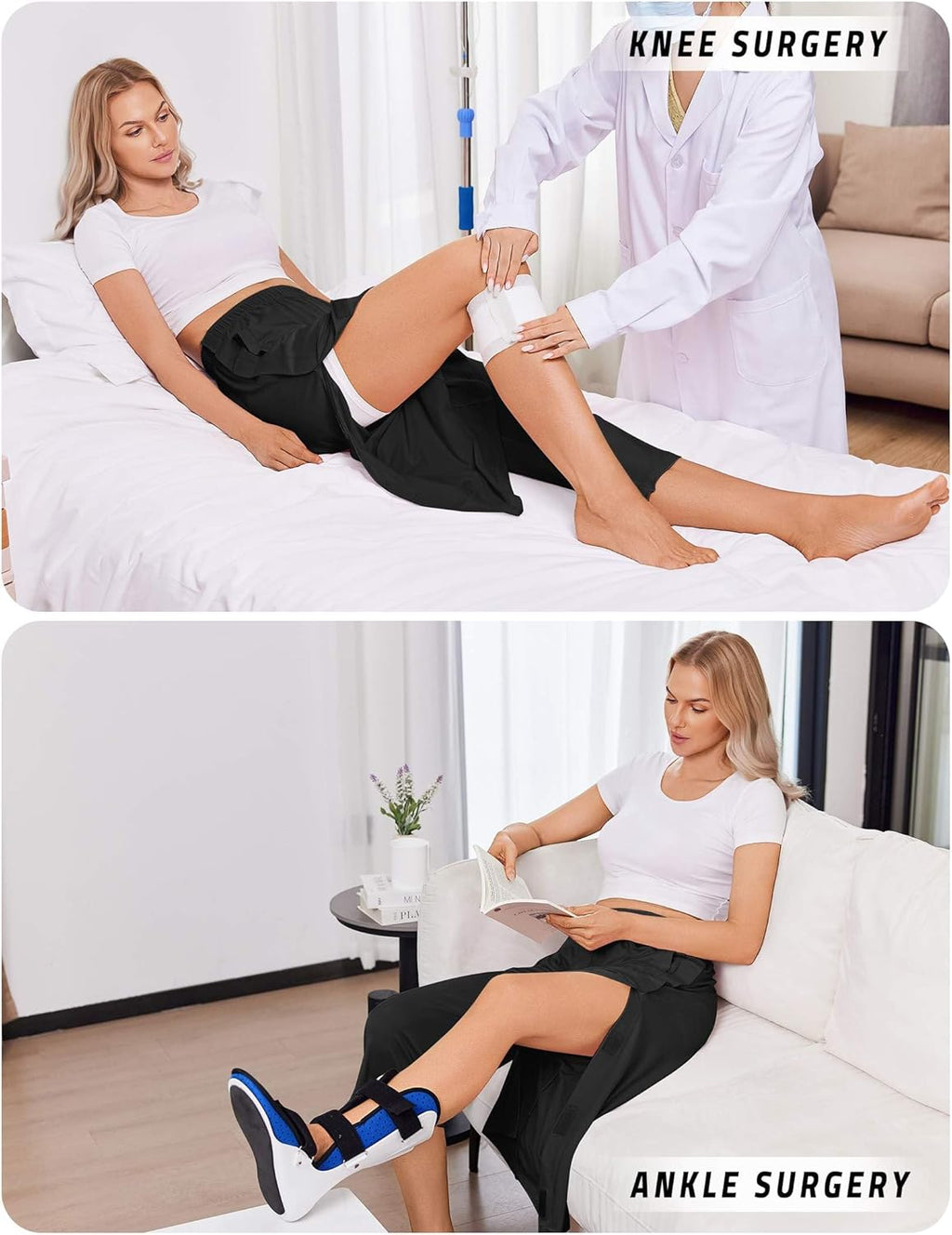 Deyeek Women's Tear Away Breakaway Capri Pants Post Surgery Recovery Hip Knee Ankle Replacement Adaptive Magic Tape Wide Leg