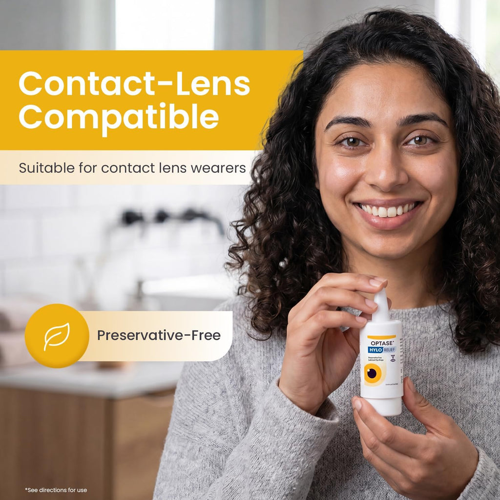 Optase® HYLO® Relief Dry Eye Drops, 0.33 fl oz | Preservative Free Eye Drops for Dry Eyes - One Click, One Drop Lubricant for Dryness - Contact Lens Compatible - 300 Drops
