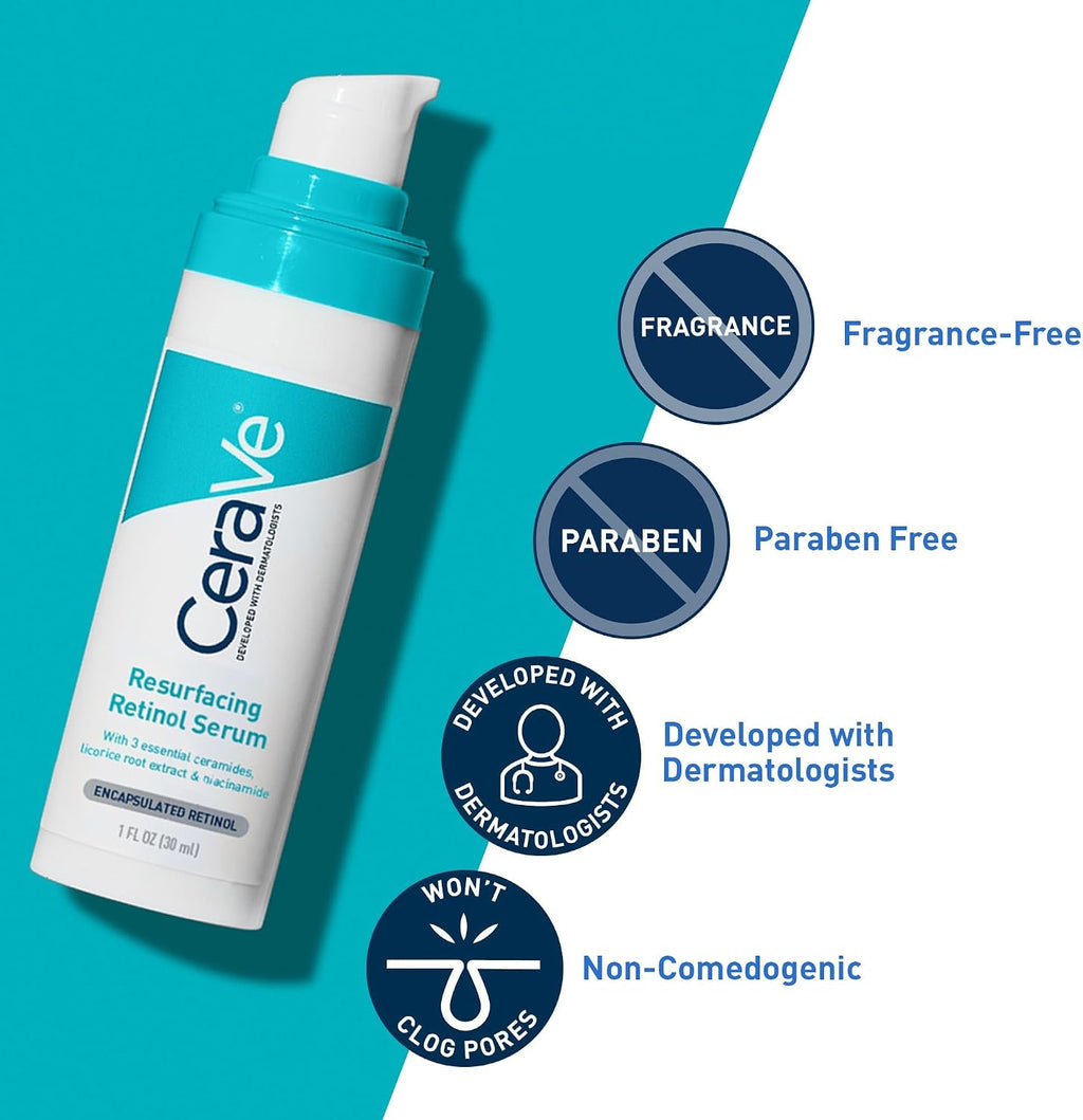CeraVe Resurfacing Retinol Face Serum with Niacinamide, Pore Minimizer, 1oz | Skin Care Brightening Serum with Licorice Root, Acne Scar & Hyperpigmentation Treatment, Dark Spot Corrector, Skin Repair