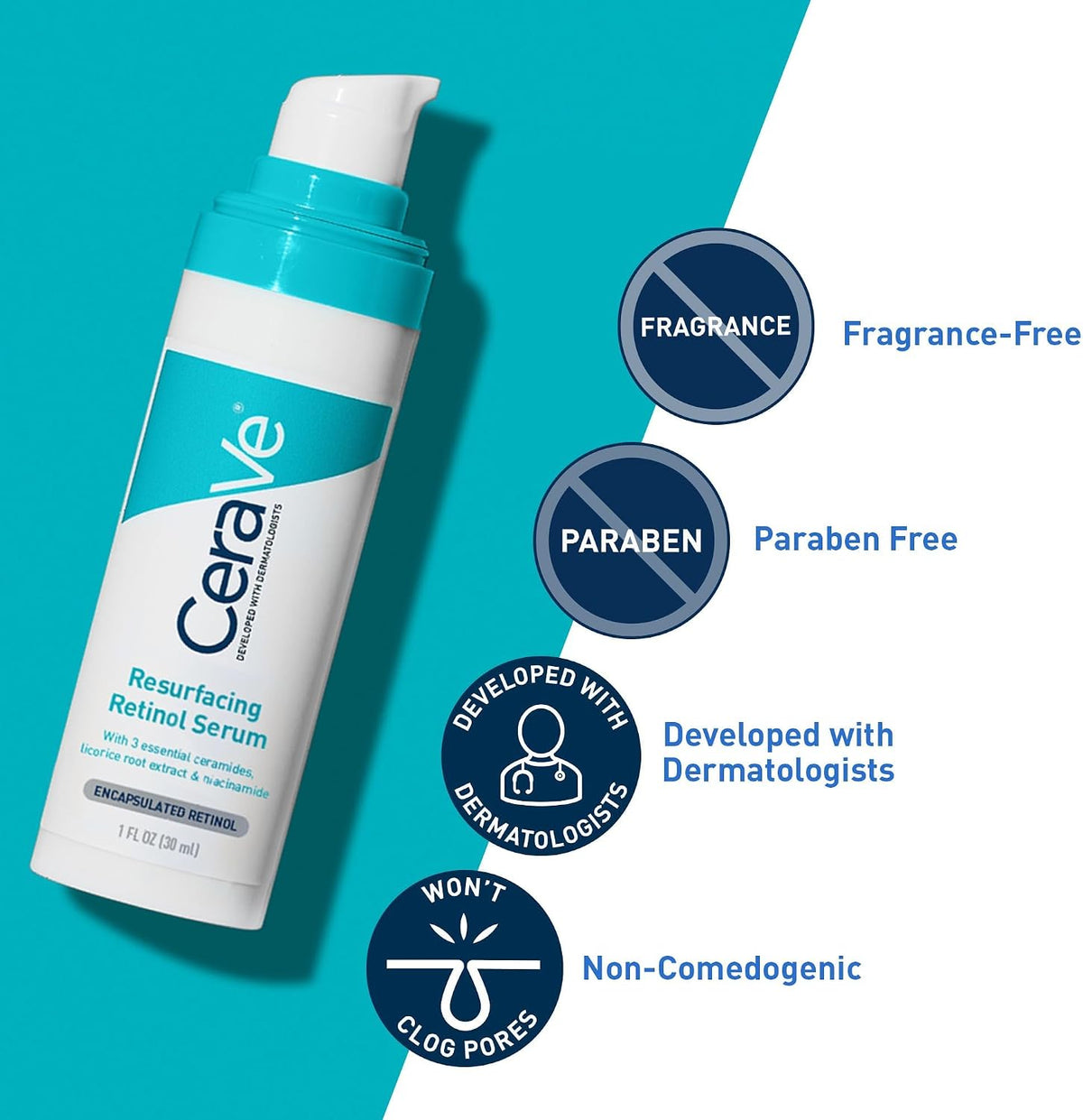 CeraVe Resurfacing Retinol Face Serum with Niacinamide, Pore Minimizer, 1oz | Skin Care Brightening Serum with Licorice Root, Acne Scar & Hyperpigmentation Treatment, Dark Spot Corrector, Skin Repair