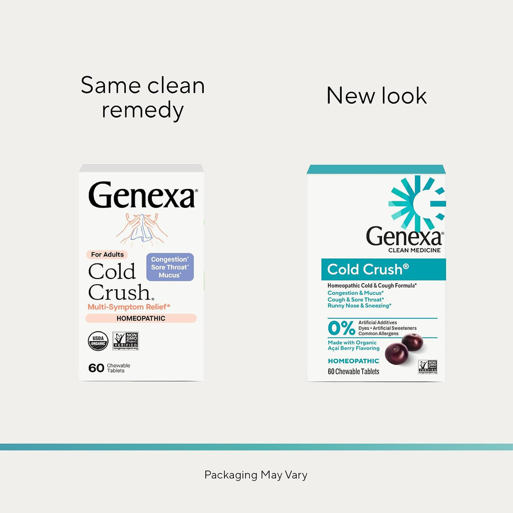 Genexa Cold Crush, Drug Free & Made Clean, 60 Chewable Tablets for Adults | Dye Free, 0% Artificial Additives, Non-GMO, Gluten Free, Homeopathic Cough, Cold, Sore Throat Relief, Acai Berry Flavor