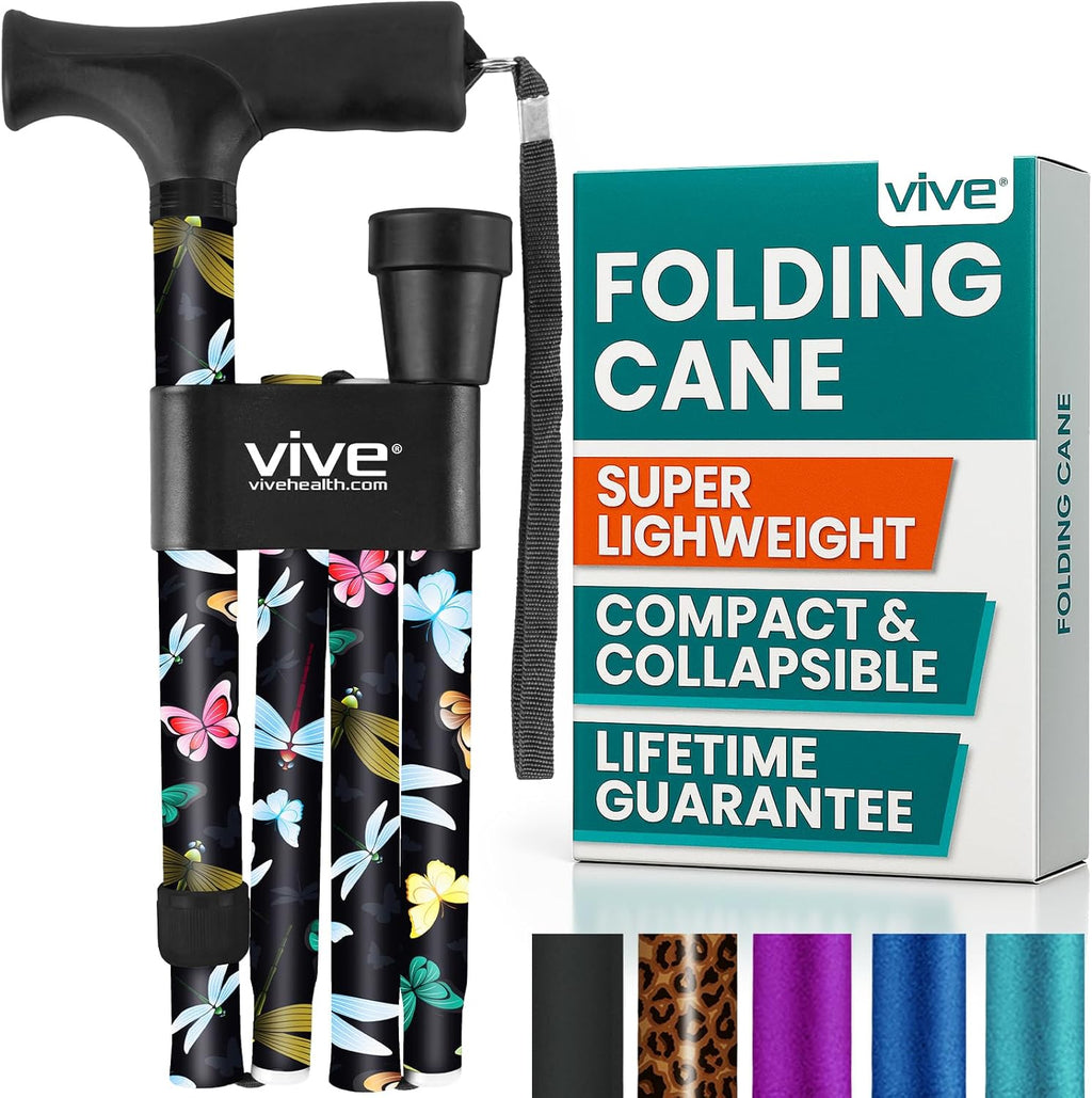 Vive Folding Cane - Foldable Walking for Men, Women Fold-up & Collapsible | Lightweight, Adjustable, Portable Hand Stick Balancing Mobility Aid Sleek, Comfortable (Black Butterfly)