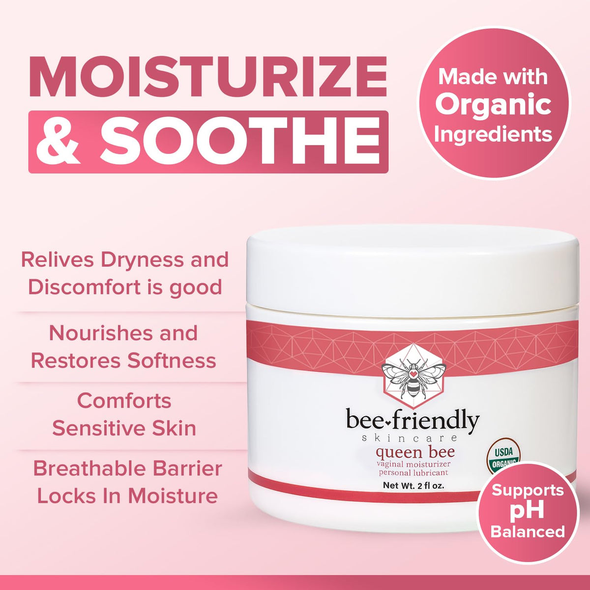 BeeFriendly Organic Vaginal Moisturizer, USDA Certified, Natural Vulva Cream For Dryness, Itching, Irritation, Redness, Chafing Of Vagina Due To Menopause & Thinning 2 oz