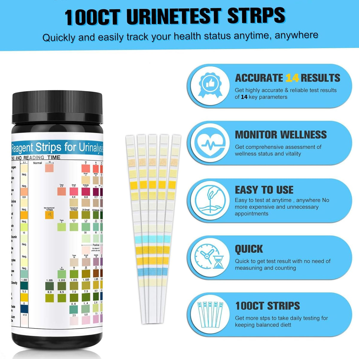 JUMXSRLE Urinalysis Test Strips, 14 Parameter Urine Test Strips, Accurate Results, Urinalysis Home Testing Stick Kit to Help Monitor Your Health, Urine Strips DipstickTests