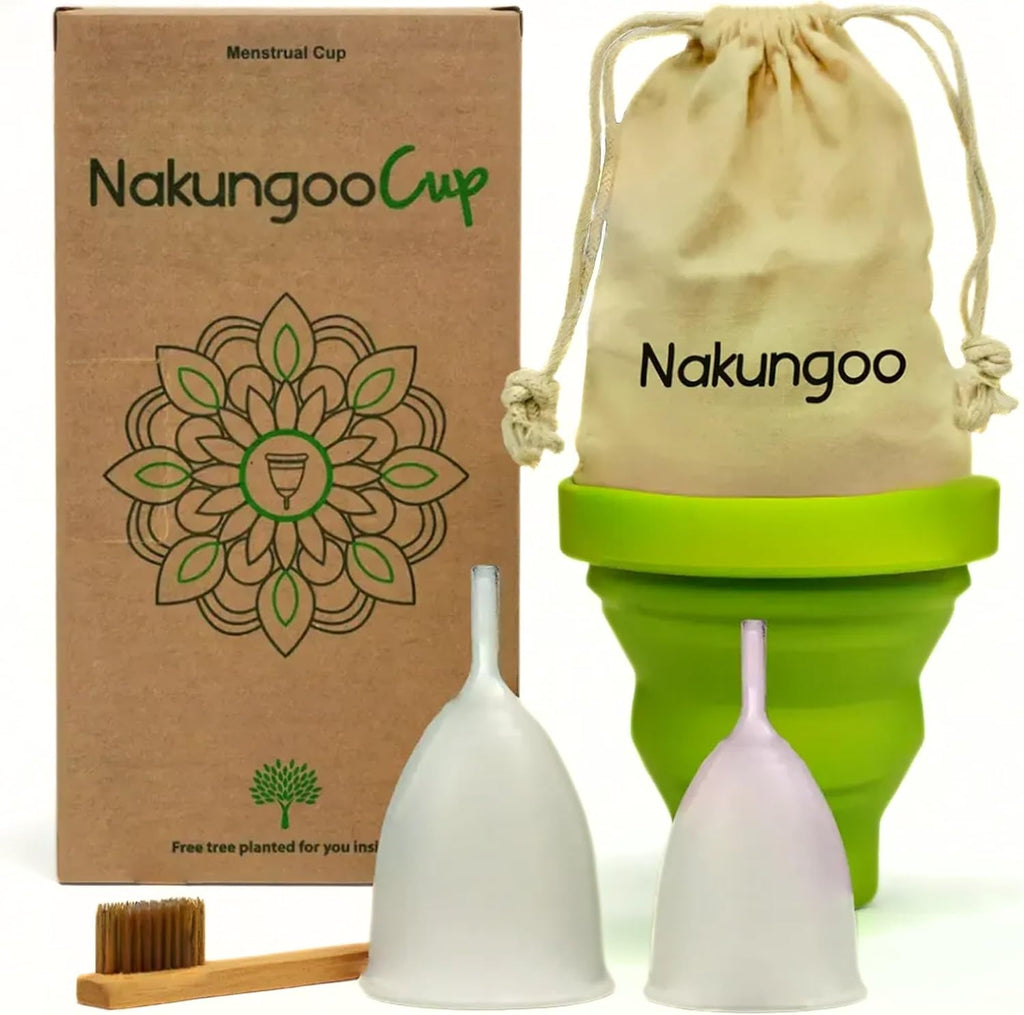 Nakungoo Menstrual Cup Soft 100% Certified Medical Silicone, Hypoallergenic, Reusable, Eco-Friendly for Abundant Flow | Starter Kit 2 Sizes (S and L) with Sterilizer Cup, Bag and Brush