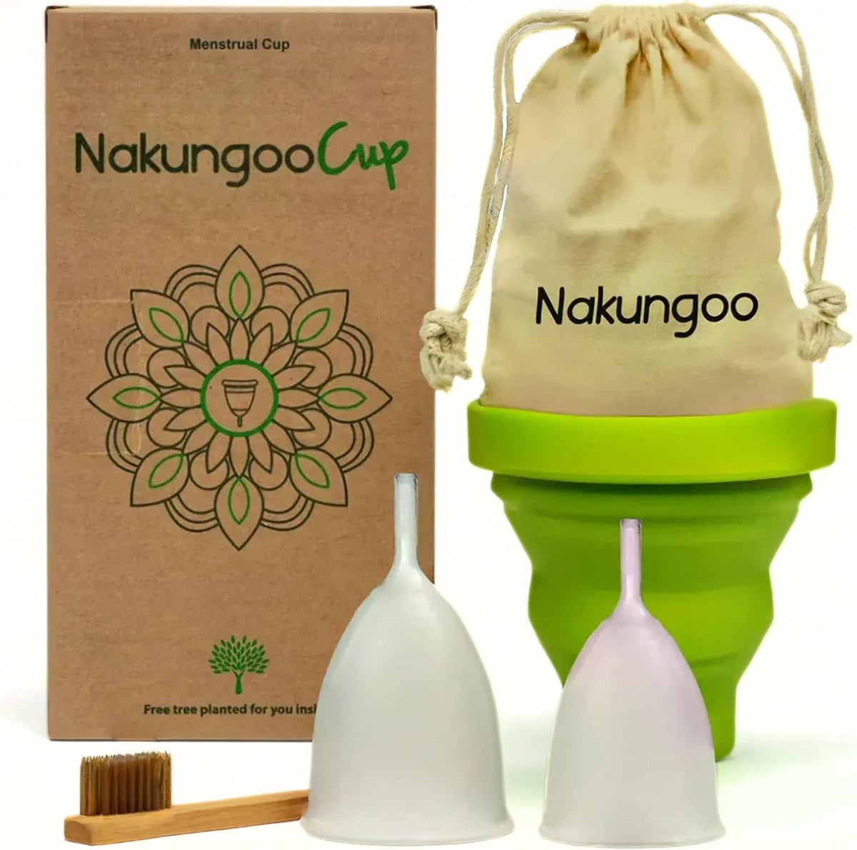 Nakungoo Menstrual Cup Soft 100% Certified Medical Silicone, Hypoallergenic, Reusable, Eco-Friendly for Abundant Flow | Starter Kit 2 Sizes (S and L) with Sterilizer Cup, Bag and Brush