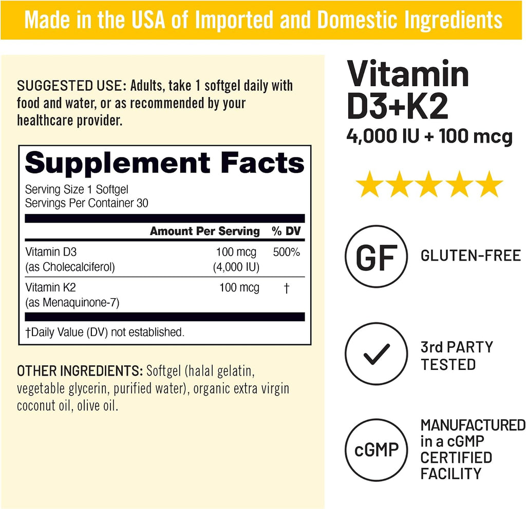 NatureWise Vitamin D3 4000IU + K2 (MK7) 100mcg with Organic Extra Virgin Coconut Oil - Supports Calcium Absorption, Bone & Immune Health - Non-GMO, Soy & Gluten-Free - 30 Softgels[1-Month Supply]