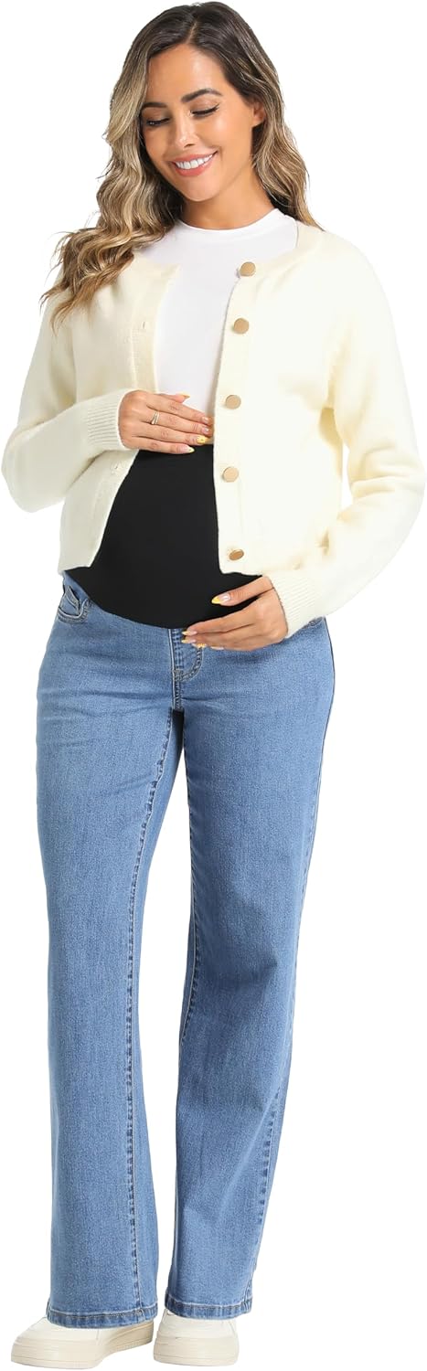 V VOCNI Women's Maternity Jeans Straight Leg Stretchy Pregnancy Jeans Wide Leg Denim Work Pants