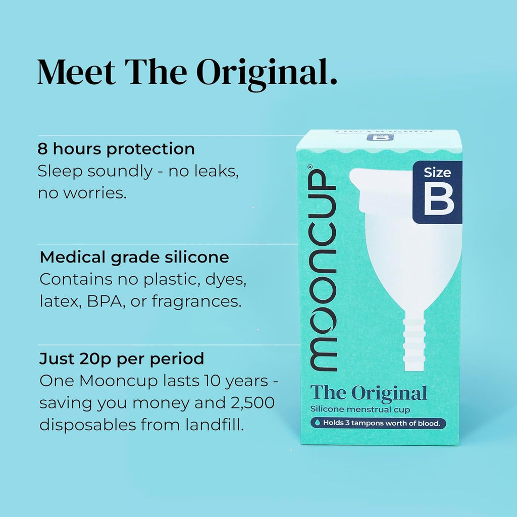 Mooncup® Original Silicone Menstrual Cup, Reusable, Ultra Soft and Easy Placement, Ideal for Abundant Flows, Size B, Under 30 Years (Pack of 1)