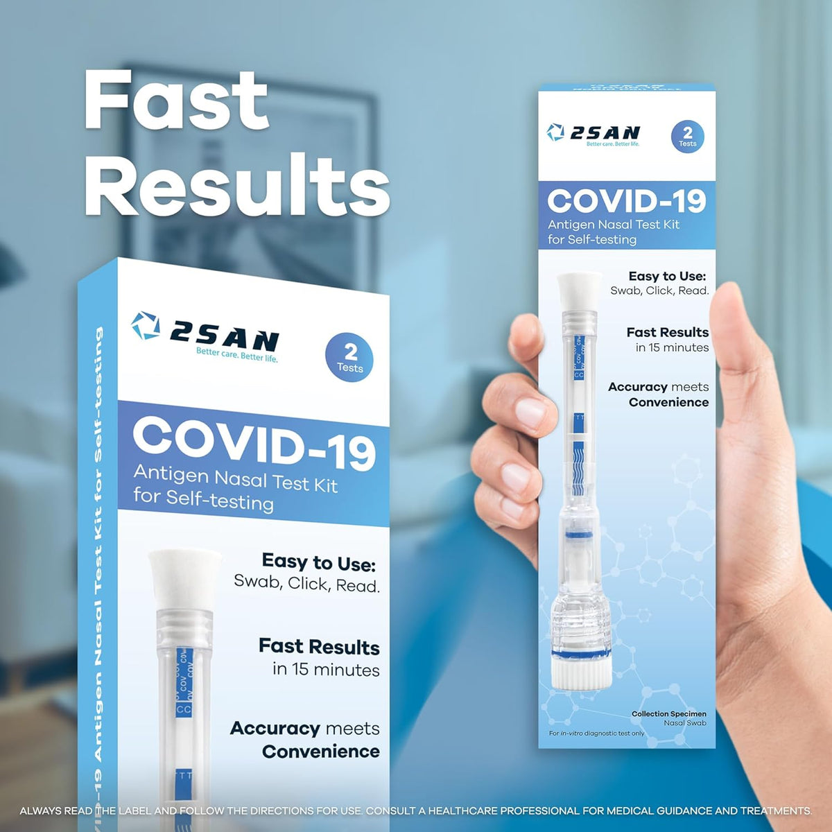 2San COVID-19 Pen Test, Results in 15 Mins, Rapid & Reliable Nasal Swab, Easy At-Home Testing, Clinically Accurate, Gentle, Stress-Free Use, 2-Pack (2 Tests)