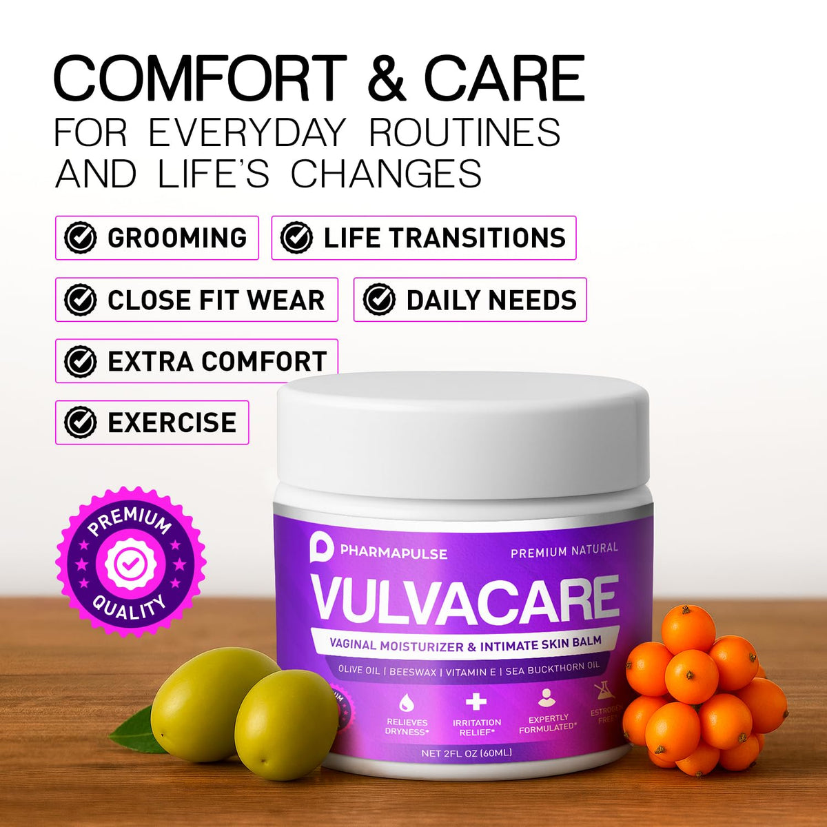 Pharmapulse Vaginal Moisturizer, Vulva Balm Cream, Intimate Skin Care, Menopause Support - Relieves Dryness, Itching, Burning, Redness, Chafing, Odor, Irritation - Estrogen Free 2oz
