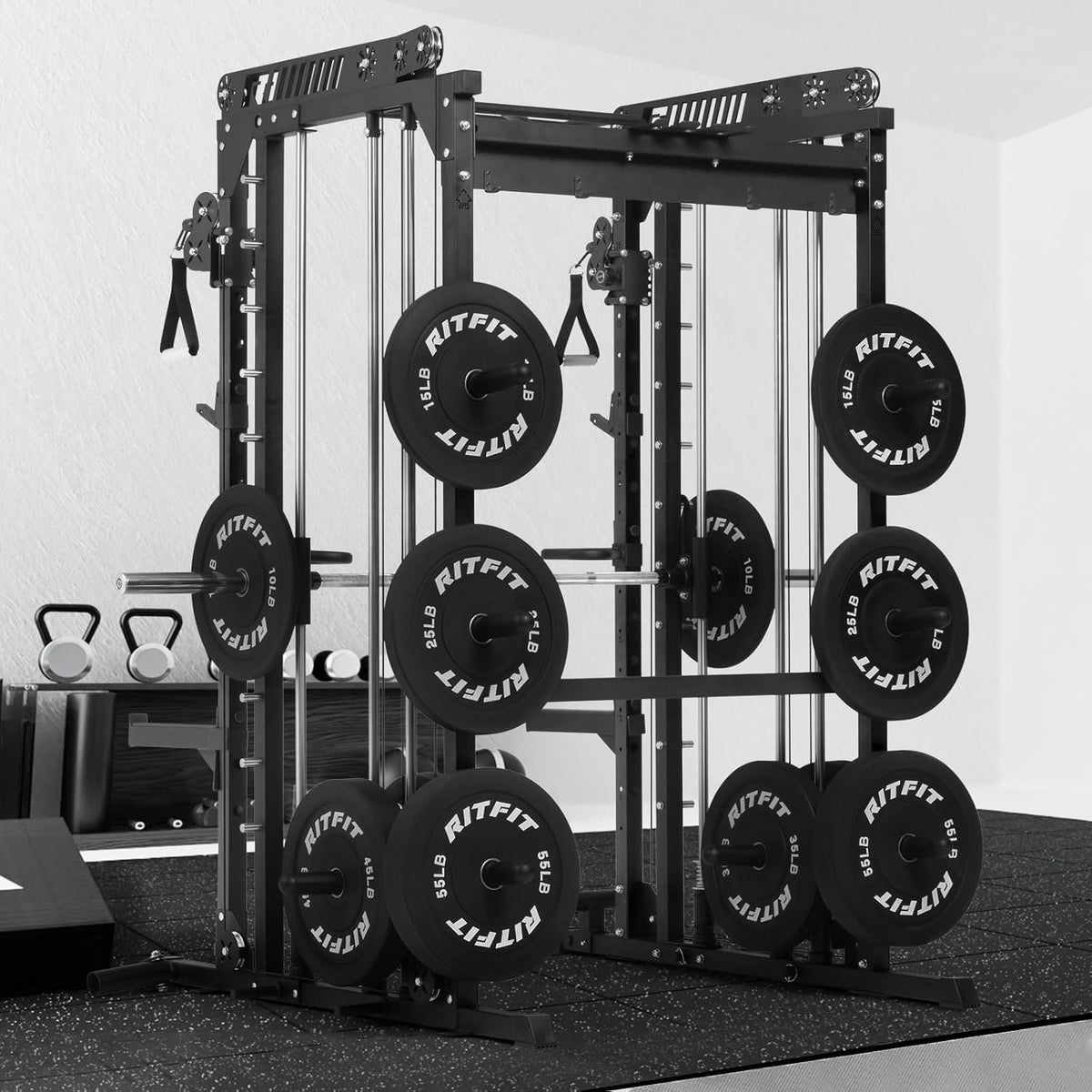 RitFit M1 Pro Smith Machine Cable Crossover Power Cage Home Gym | Dual 360 Cables, Barbell & Handles, LAT Pulldown, 1850LBS Weight Capacity