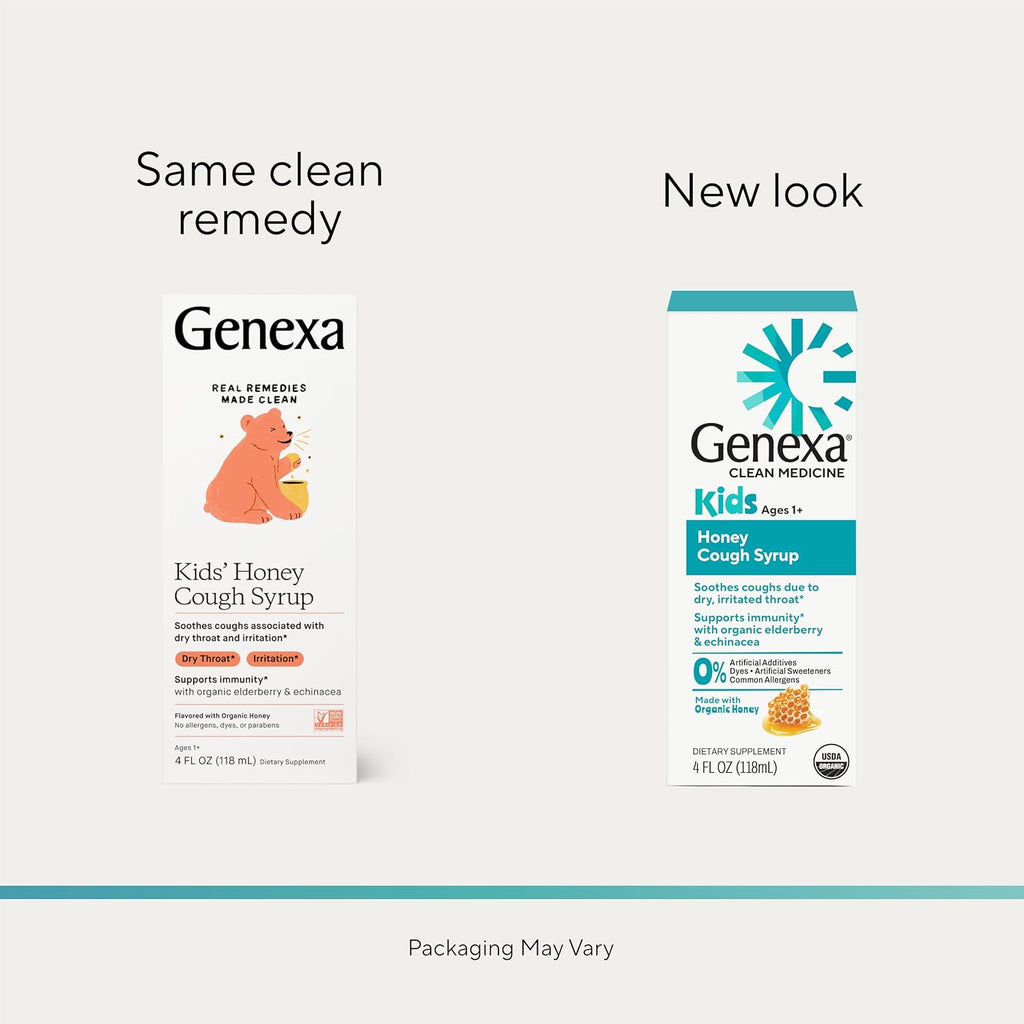 Genexa Kids Honey Cough Syrup Made Clean, Organic Honey Flavor, 4 fl oz | Dye Free, 0% Artificial Additives, Gluten Free, Non-GMO, Soothing Children & Toddler Cough Remedy for Kids Ages 1+