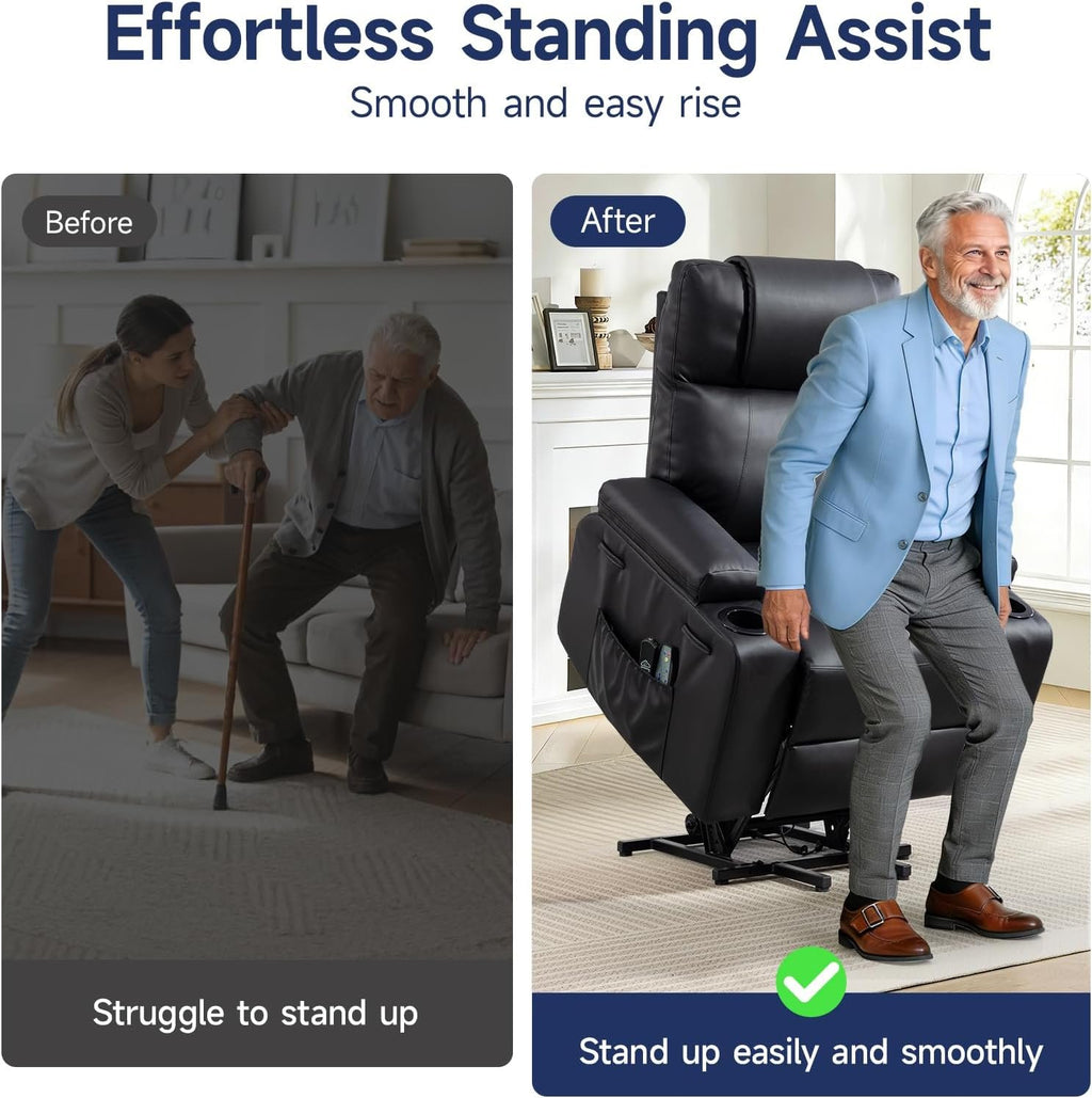 Power Lift Recliner Electric Chair for Elderly with USB Charge Port, Black | Fits 5'2"–5'9" Heights, PU Leather Recliner with Massage & Heat, 160° Adjustable Recline, Stand Assist, Remote, Cup Holders