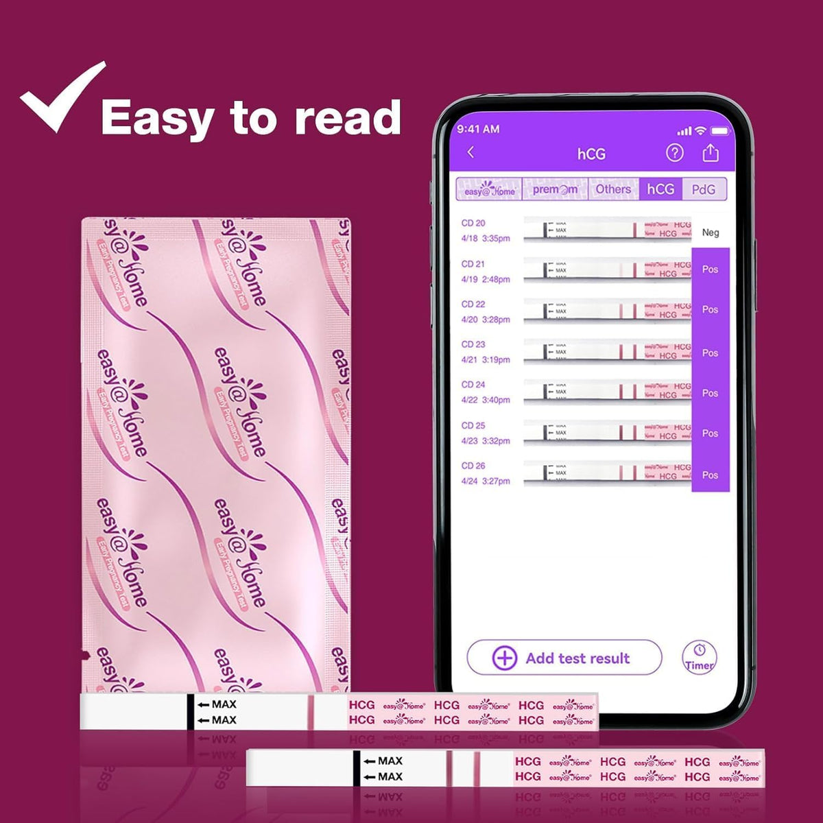 Pregnancy Detection Test Strips Kit: Easy@Home 20 HCG Tests 10miu/ml Powered by Accurate Fertility Tracker iOS and Android Premom App