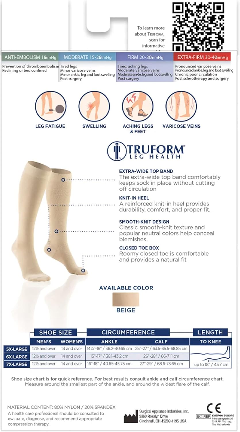 Truform 20-30 mmHg Compression Stockings for Men and Women, Knee High Length, Closed Toe