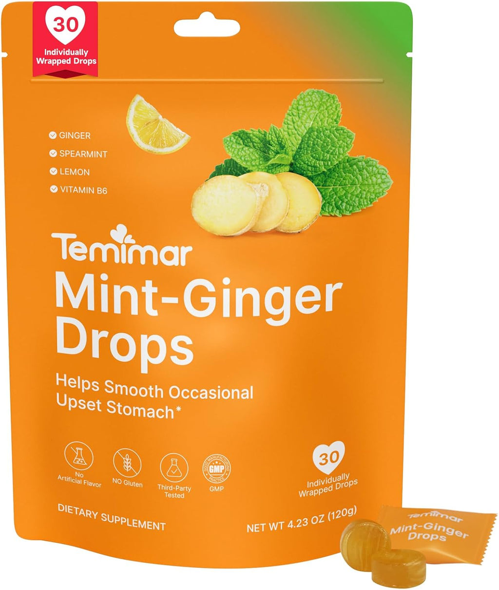 Mint-Ginger Drops, Fast-Acting Nausea Relief, Support Motion Sickness and Morning Sickness Relief, Added Vitamin B6, 30 Wrapped Ginger Candies