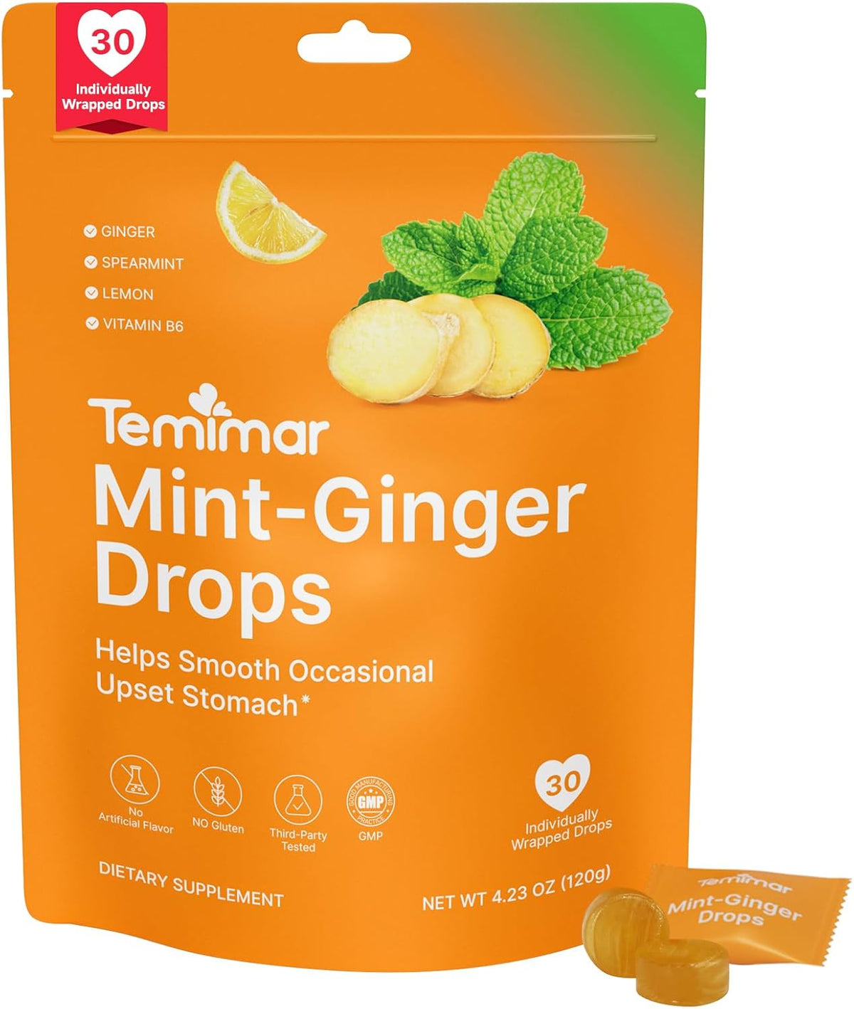 Mint-Ginger Drops, Fast-Acting Nausea Relief, Support Motion Sickness and Morning Sickness Relief, Added Vitamin B6, 30 Wrapped Ginger Candies