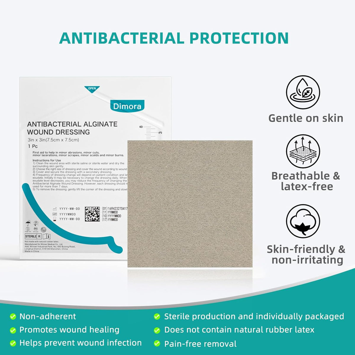 Dimora Upgrade Silver Calcium Alginate Wound Dressing -Antibacterial Non Stick Gauze for Wounds Care, Highly Absorbent Sterile Bandage Pads with Ag, 2'' x 2'' Patches 12 Packs Individual