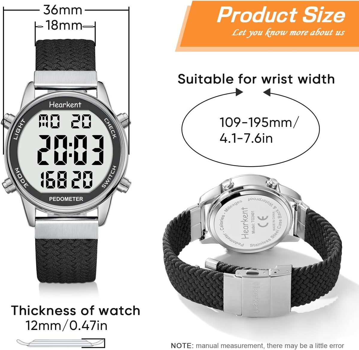 Hearkent Pedometer Watch,Step,Mileage&Calorie Tracker,Large Numbers | Waterproof Fitness Watches Backlight/Countdown/Stopwatch,No Bluetooth,app,or Charging,Step Counter for Walking,Running