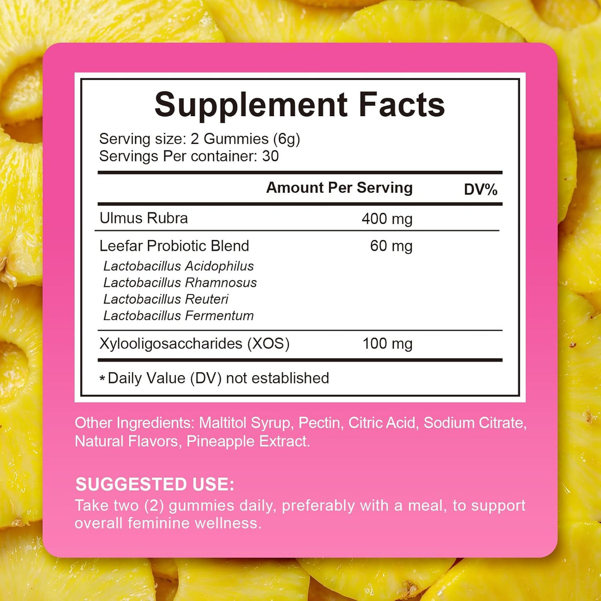 Women’s Probiotic Gummies with Slippery Elm | Plant-Based Prebiotic & Probiotic Blend | Natural Pineapple Flavour | Vegan & Gluten-Free | 60 Gummies
