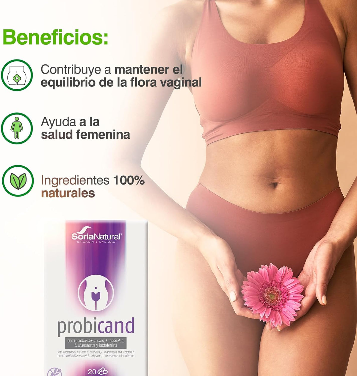 Soria Natural Probicand – With Inulin, Lactobacillus Reuteri, L Crispatus, L Rhamnosus and Lactoferrin – Helps Maintain the Balance of Vaginal Flora and Microbiota – Box of 20 Capsules of 545 mg