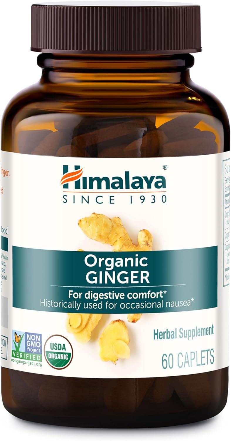 Himalaya USDA Organic Ginger Root Capsules, 60 Caplets, 60 Day Supply | Digestive Health Ginger Supplement for Nausea, Upset Stomach Relief, Occasional Bloating & Heartburn - Vegan, Non-GMO