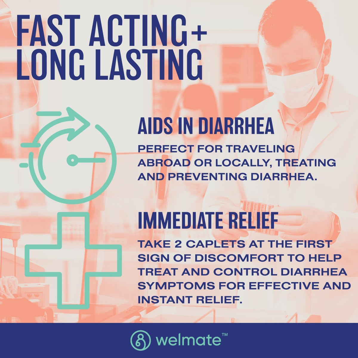 WELMATE Loperamide HCl 2 mg Anti Diarrhea Pills, 24 Caplets - Fast-Acting Diarrhea Medicine for Adults, Traveler's Stomach Relief, Easy to Swallow Antidiarrheal Medication