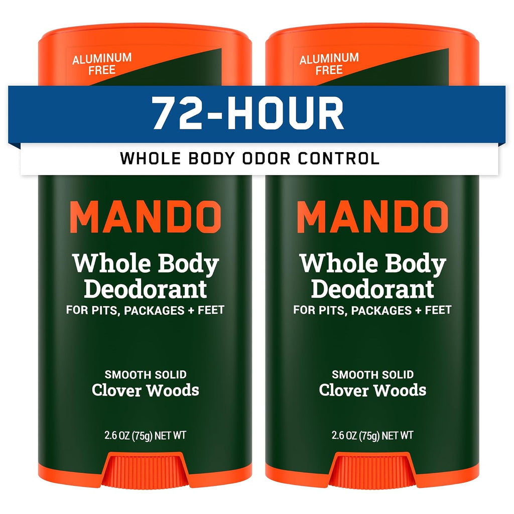 Mando Whole Body Deodorant For Men - Solid Stick - 2.6 oz, 2 pk - Woods | 72 Hour Odor Control with Mandelic Acid. Use on underarms, chest, feet & below the best. Aluminum Free & Baking Soda Free