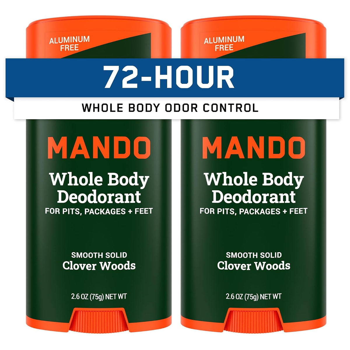 Mando Whole Body Deodorant For Men - Solid Stick - 2.6 oz, 2 pk - Woods | 72 Hour Odor Control with Mandelic Acid. Use on underarms, chest, feet & below the best. Aluminum Free & Baking Soda Free