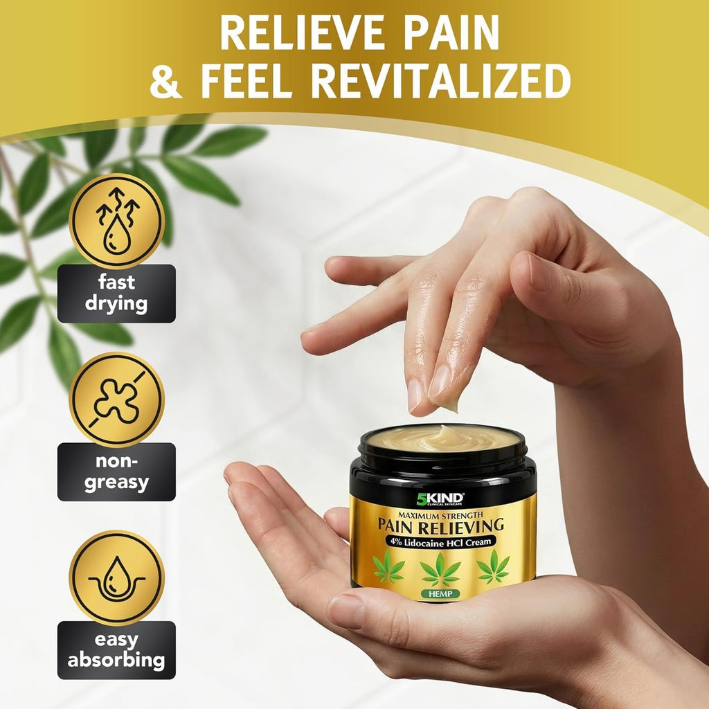 5Kind Extra Strong Lidocaine Cream with Hemp 10.1 fl oz Pain Relief Cream | Lidocaine Cream Maximum Strength Soothing Pain Relief Massage Gel - Lidocaine Numbing Cream Muscle Pain Relief - Made in USA