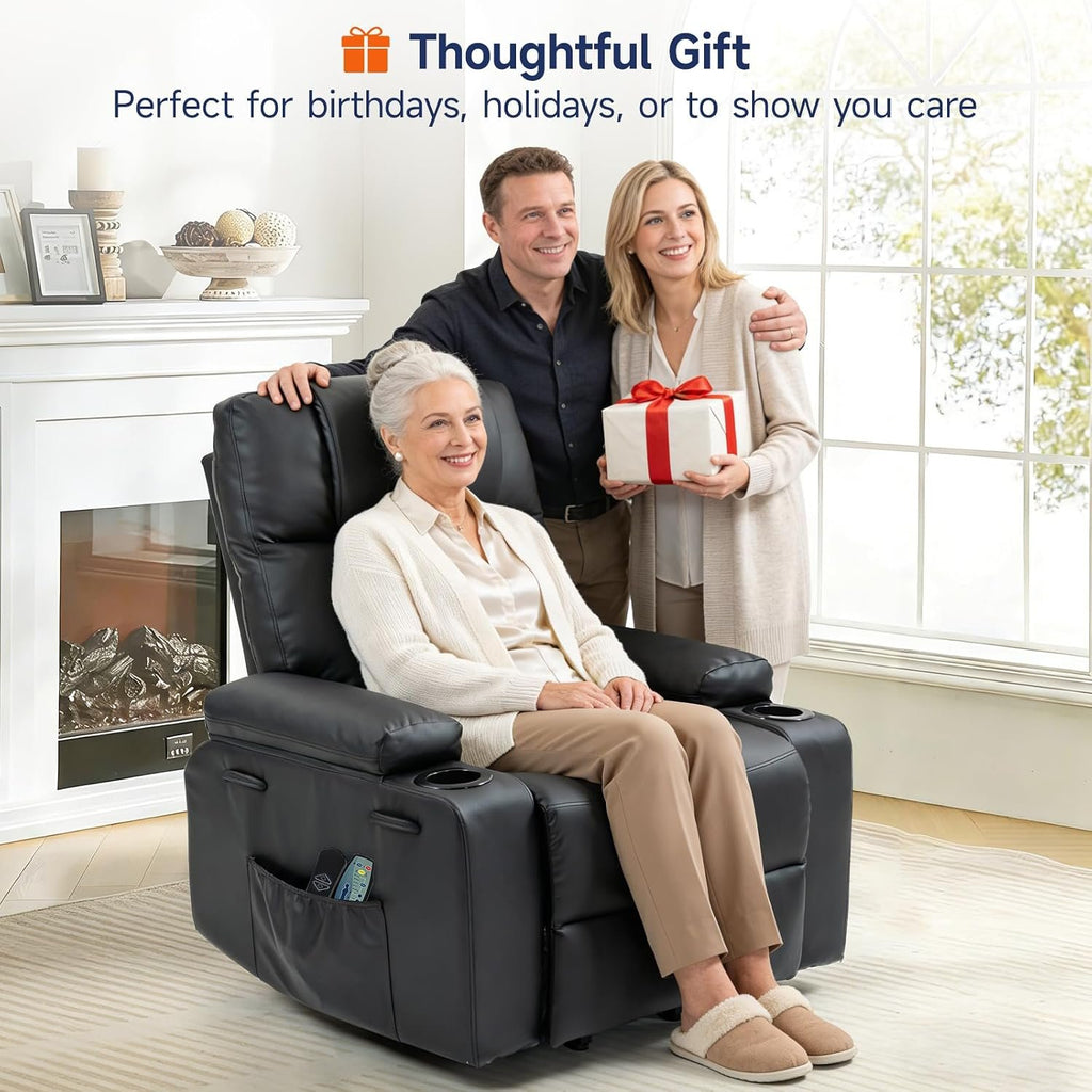 Power Lift Recliner Electric Chair for Elderly with USB Charge Port, Black | Fits 5'2"–5'9" Heights, PU Leather Recliner with Massage & Heat, 160° Adjustable Recline, Stand Assist, Remote, Cup Holders