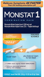 Monistat 1-Day Yeast Infection Treatment for Women, 1 Miconazole Ovule Insert & External Itch Relief Cream (9g Tube) Combo Pack, Maximum Strength