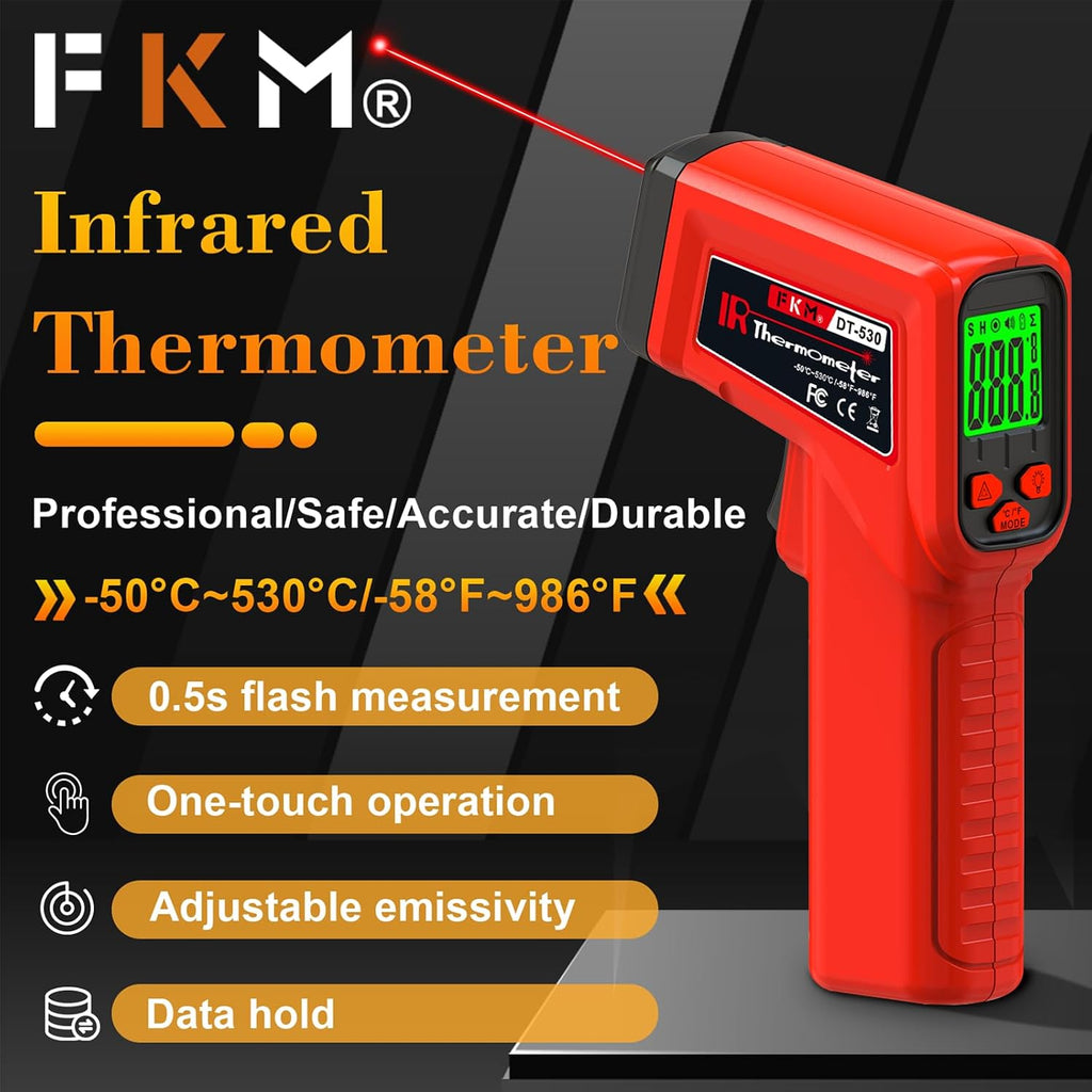 FKM Infrared Thermometer Gun Non-Contact Laser Thermometer Gun -58°F~986°F | (-50°C~530°C) Digital Temperature Gun for Cooking,Oven,Griddle,Automotive,HVAC,Industrial,Adjustable Emissivity,Not for Human