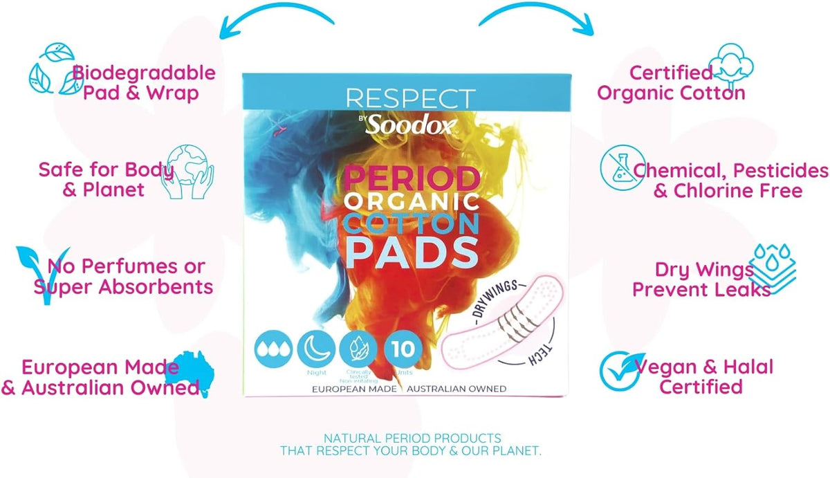 Respect by Soodox Period Organic NIGHT Cotton Pads | Drywings Technology With Anti-Leak Wings| Clinically Tested Non Irritating | Certified Organic Cotton | No Plastic | Halal & Vegan |10 Pack