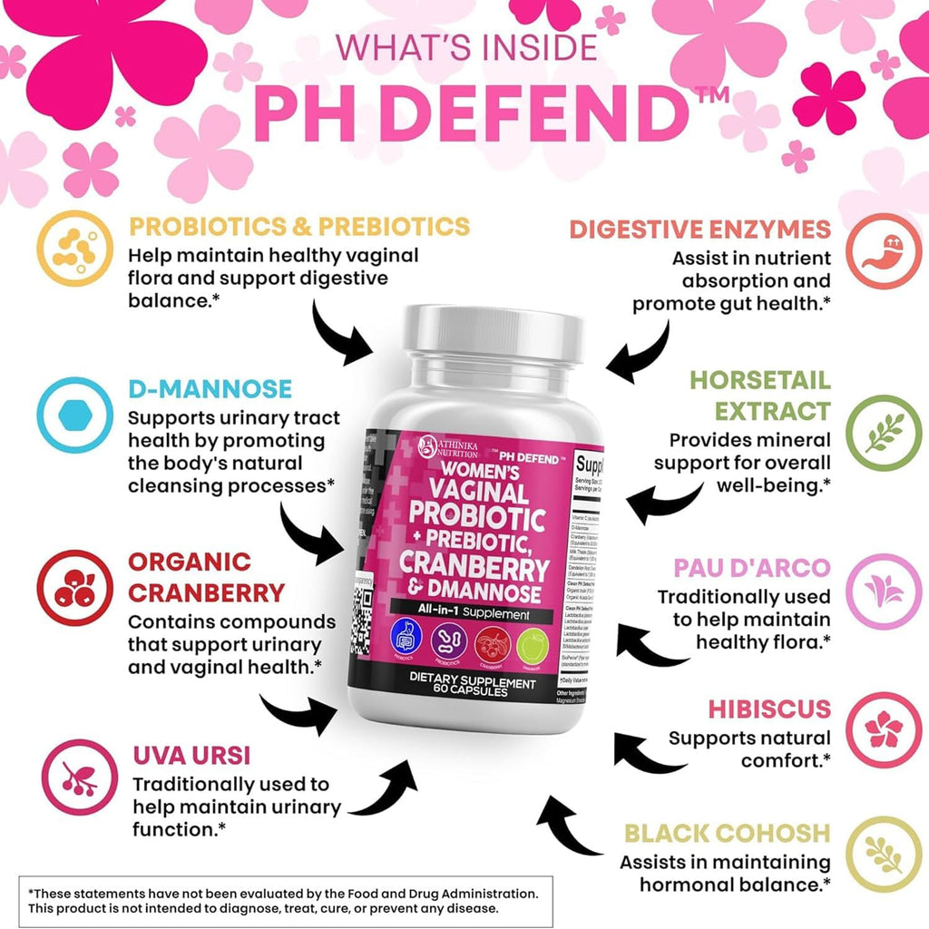 Vaginal Probiotics for Women with Cranberry, D-Mannose, Prebiotics, pH Balance Support, Feminine Health, Urinary Tract Cleanse – Capsule Alternative to Gummies – 60 Count