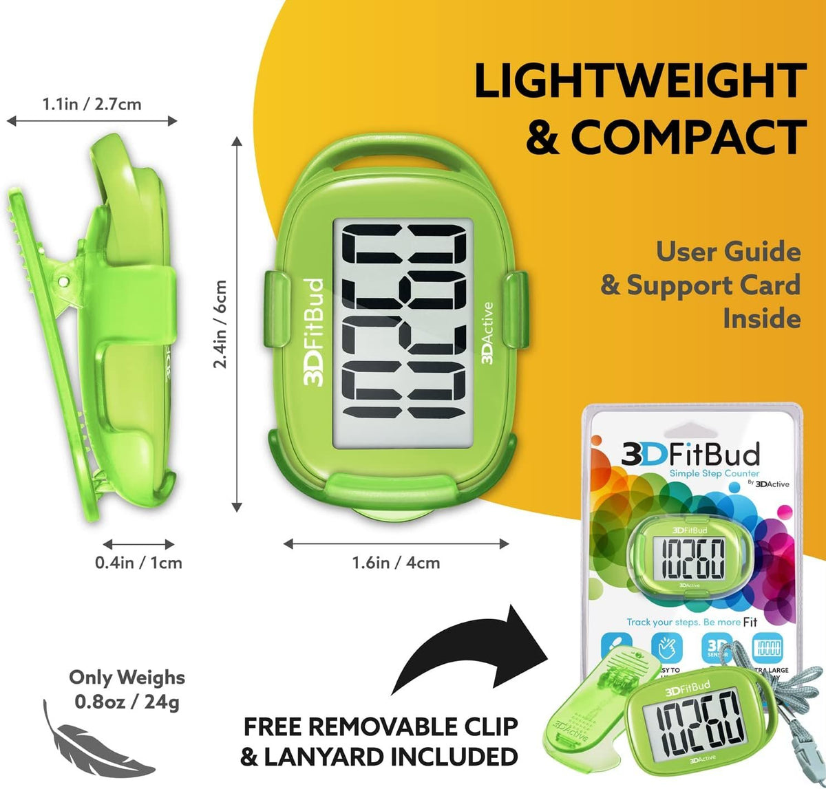 3DFitBud Simple Step Counter Walking 3D Pedometer by 3DActive with Clip, Lanyard Accurate Step Tracker Large Display, Easy to Use for Kids Men Women Adult Seniors Daily Step Tracking - A420S