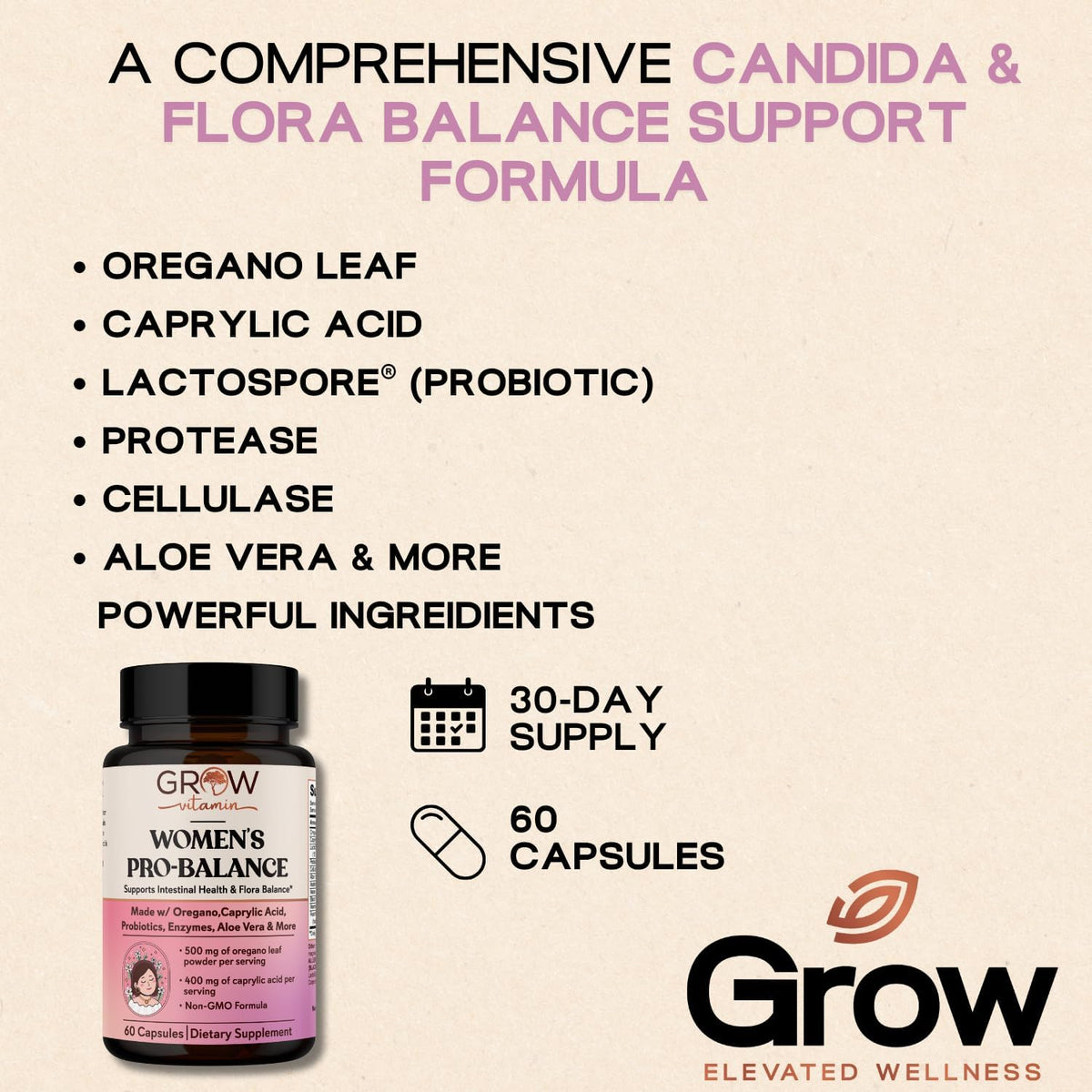 Grow Vitamin Feminine Balance by | Candida Support | Oregano & Caprylic Acid Blend | Vaginal Detox & Cleanse Probiotics | Supports Healthy Intestinal Flora & Immune Function