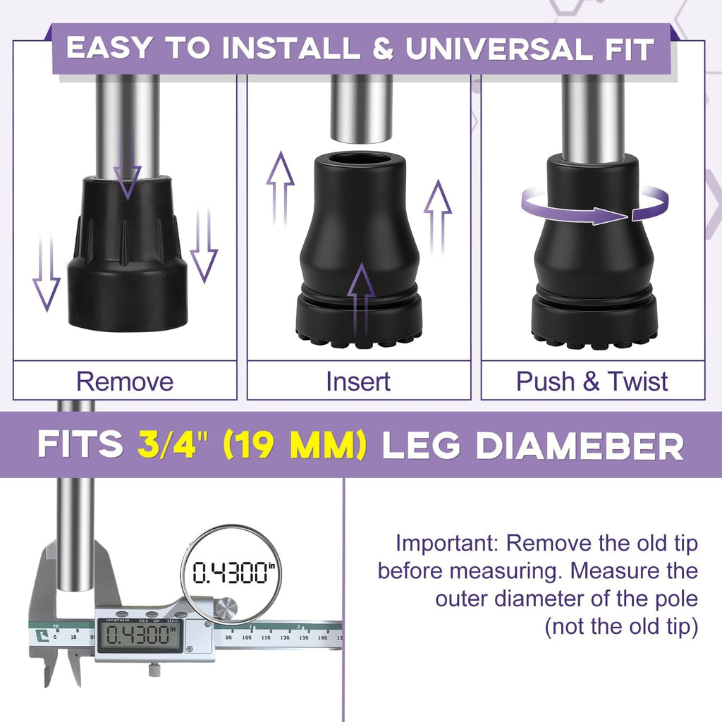 supregear Rubber Cane Tips, (3/4", 4-Pack) Heavy Duty Walking Cane Tips, Anti-Slip Replacement for Canes, Walking Sticks, Hiking Sticks, Seniors Crutches, Black