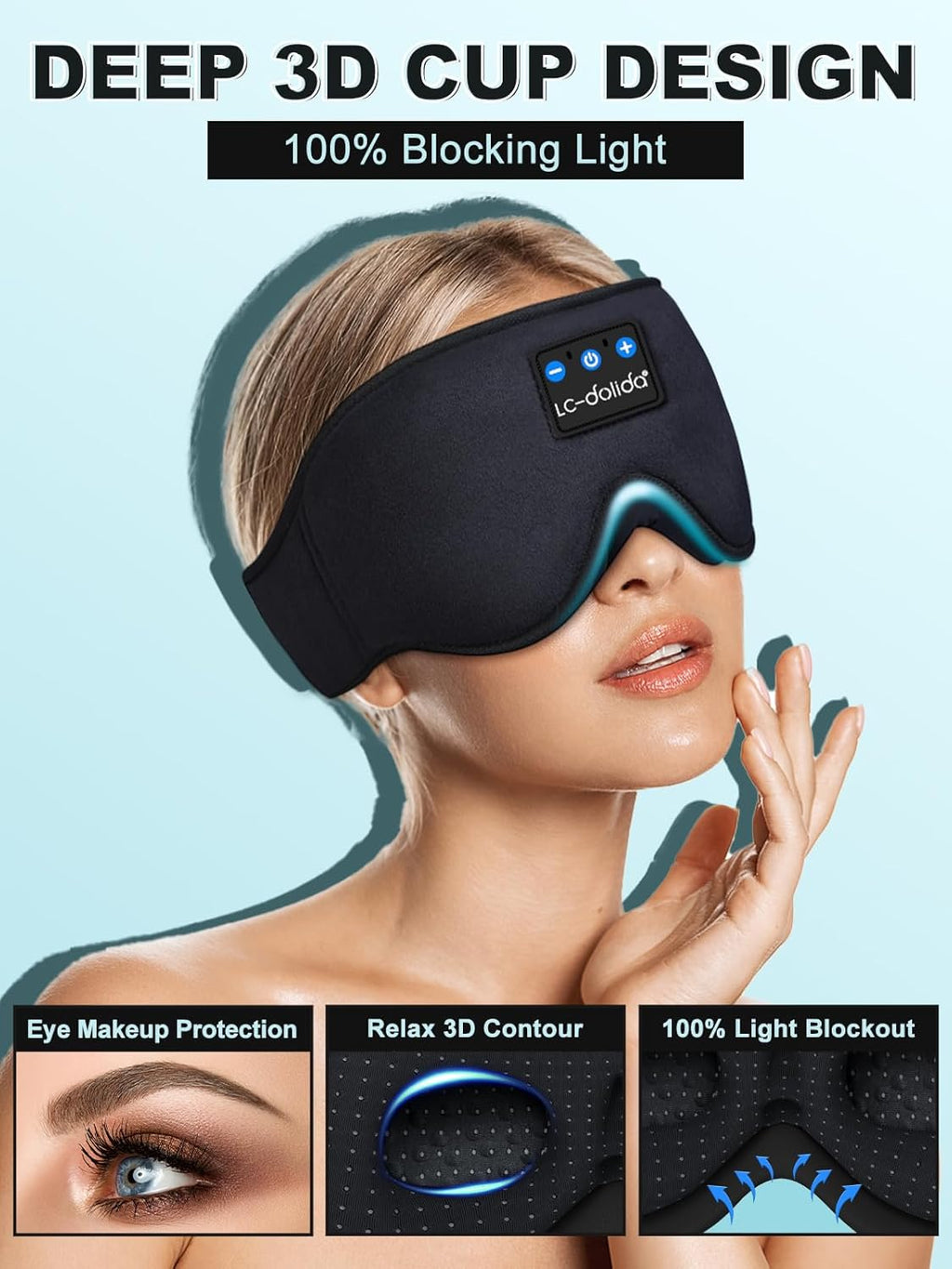 LC-dolida Sleep Headphones, 3D Sleep Mask Bluetooth Wireless Music Eye Mask, Sleeping Headphones for Side Sleepers Sleep Mask with Bluetooth Headphones Ultra-Thin Stereo Speakers Perfect for Sleeping
