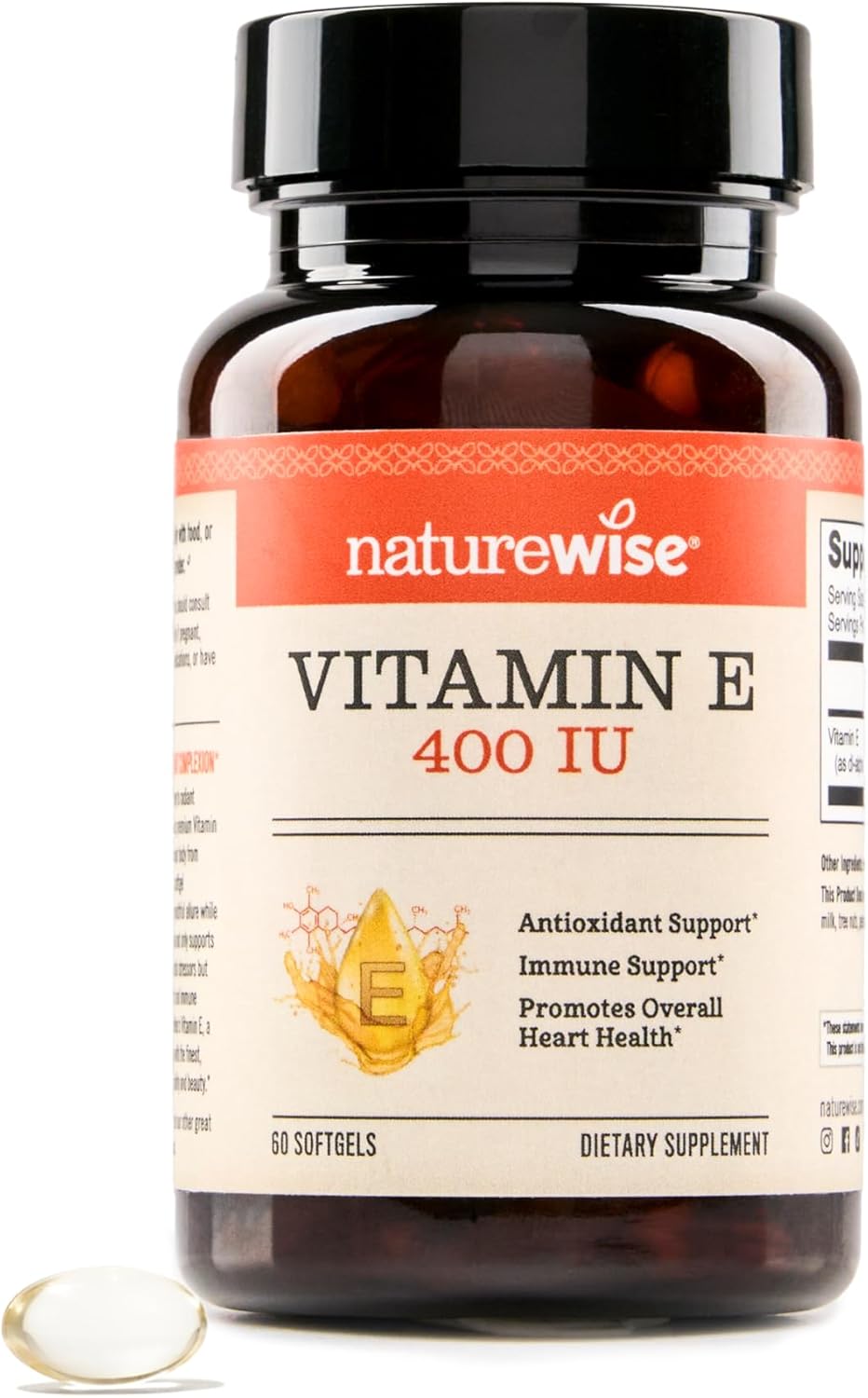 NatureWise Vitamin E 400 IU Softgels (180mg DL-Alpha) - Dairy, Gluten, and Soy Free, Non-GMO Antioxidant Dietary Supplement for Skin, Heart, Eye, and Immune Health Support - 2-Month Supply, 60 Count