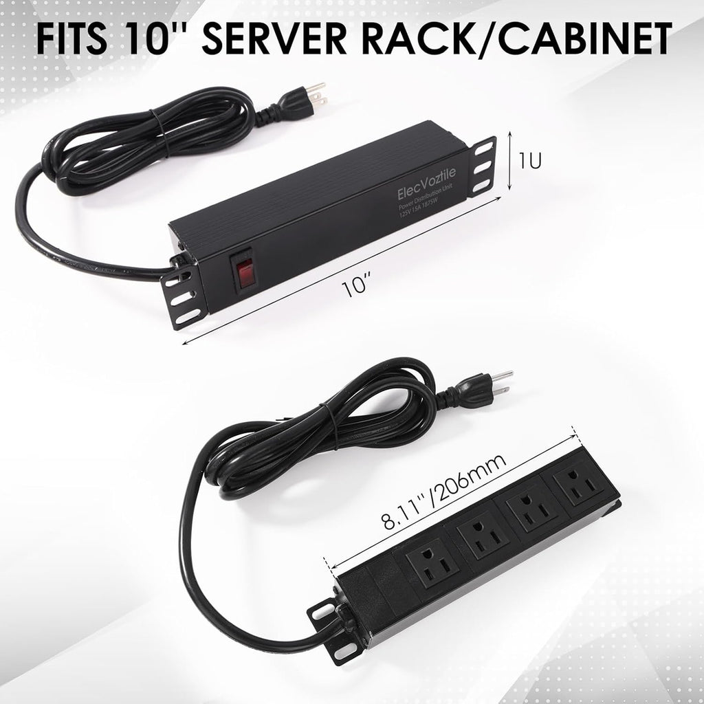 10 inch Rack PDU, 4 Rear Outlets, 15A, 125V, 1875W | 15A Overload Switch, 1U RackMount, 6ft Power Cable