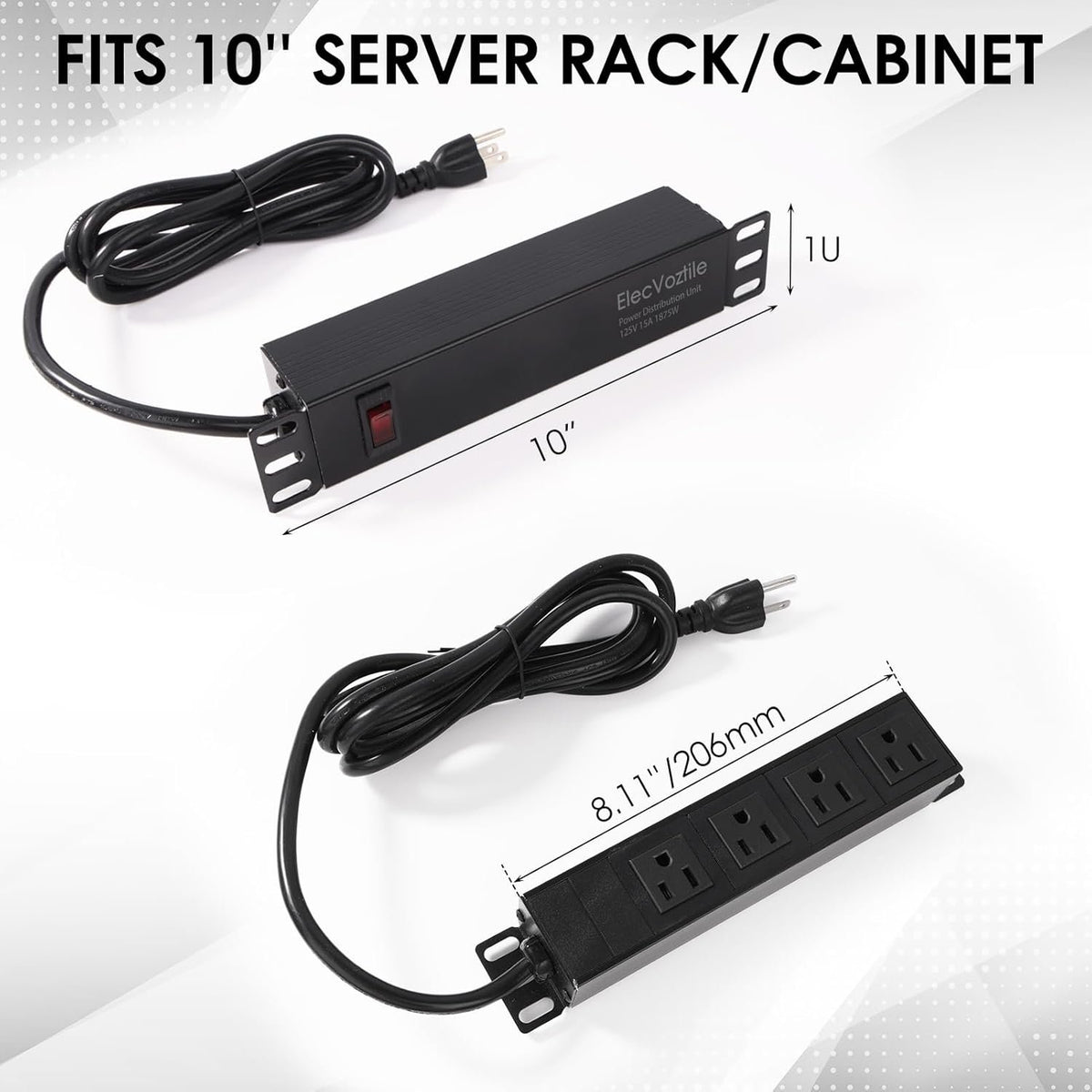 10 inch Rack PDU, 4 Rear Outlets, 15A, 125V, 1875W | 15A Overload Switch, 1U RackMount, 6ft Power Cable