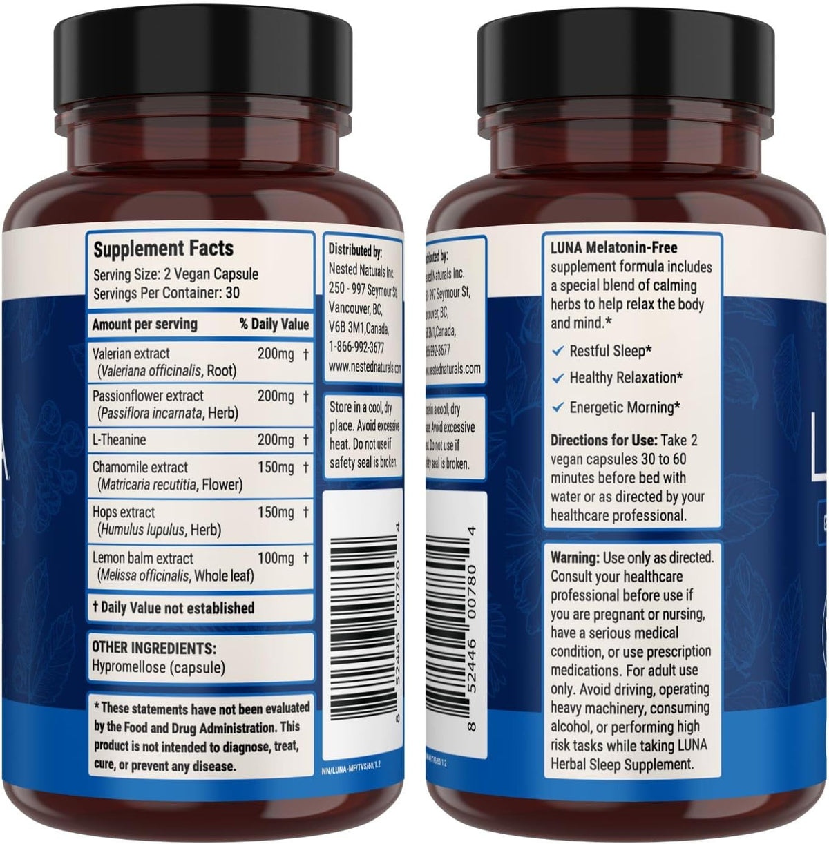 Nested Naturals Luna Melatonin-Free Sleep Supplement - Non-Habit Forming Herbal Sleep Supplement, Adult Bedtime Support, Help Sleeping w/Chamomile, Valerian, L-Theanine - 60 Vegan Capsules