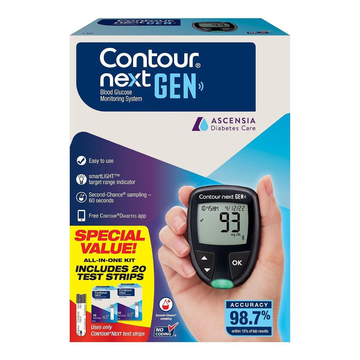 Ascensia CONTOUR NEXT GEN Blood Glucose Monitor All in One Kit + 20 Strips | Includes 20 Test Strips, Accurate Blood Sugar Monitor, Easy-to-Use Glucose Meter, Portable, Reliable Diabetes Testing Kit