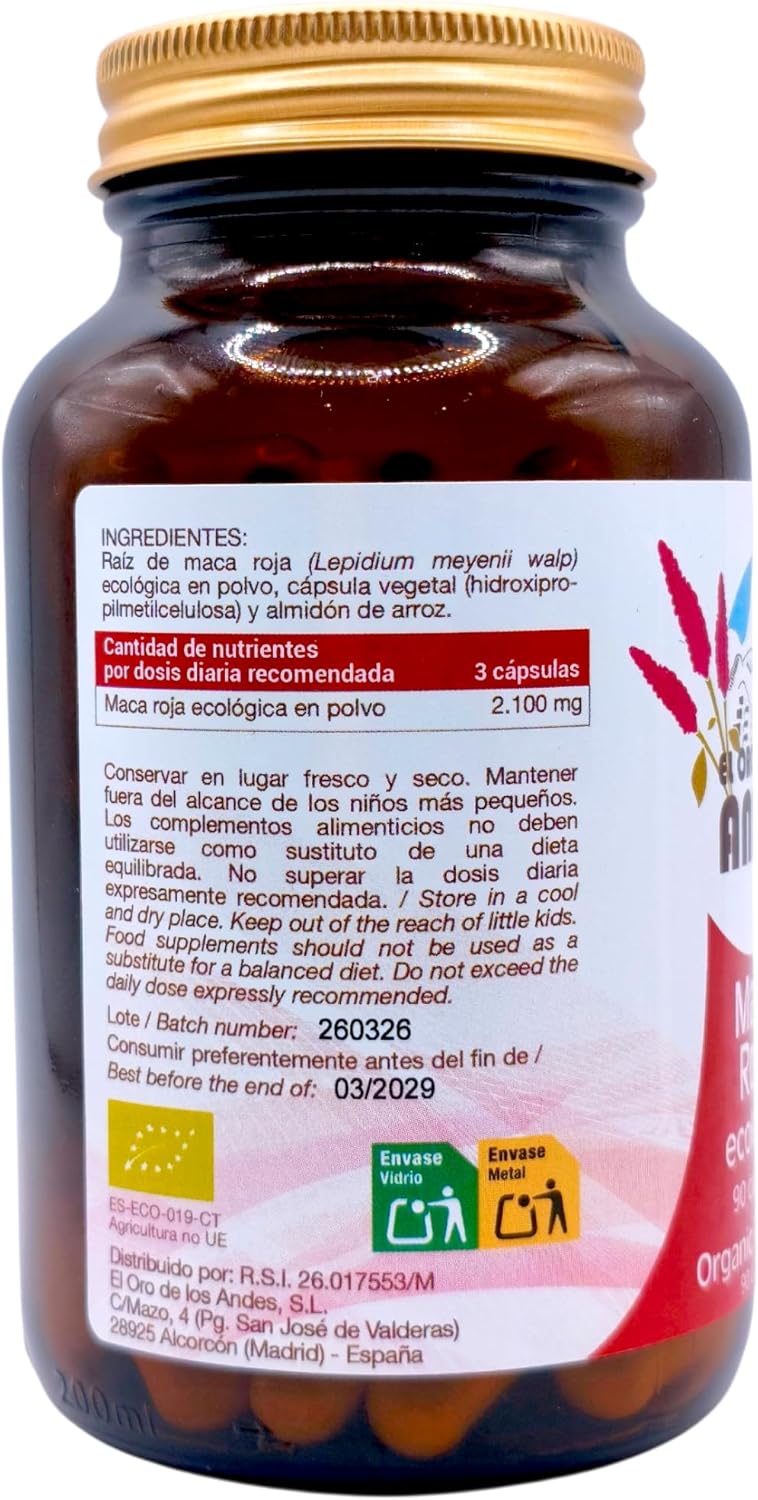 El Oro de los Andes Organic Red Maca 90 Capsules - Antioxidant Superfood for Hormonal Balance and Menopause - Bone and Prostate Protection - Vegan Andean Pure Root